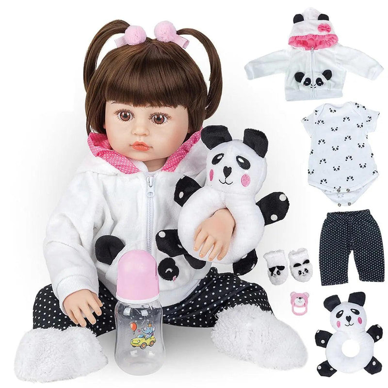 Boneca Bebê Reborn Menina Panda 48cm Corpo De Silicone Pode Ser Banhad